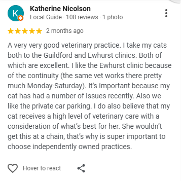 Review highlighting the veterinary practice's quality independent care and services for pets.